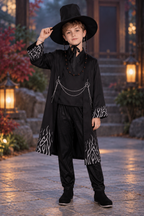 Jinu KPop Demon Hunters boys costume set with black coat pants wide brim hat chains beads and jewelry accessories