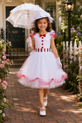 Jolly Holiday Mary Poppins Tutu Dress Set featuring a white and red tutu dress, matching hat, and delicate lace gloves.