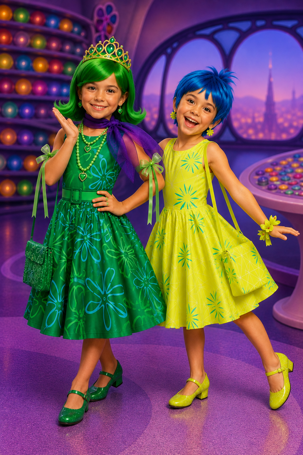 Joy and Disgust emotion-inspired costume sets for girls featuring colorful twirl dresses, character-style wigs, bags and coordinating dress-up accessories.