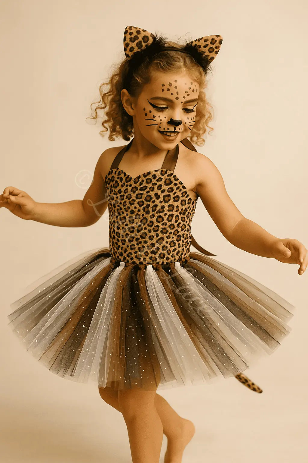 Girl wearing a leopard print tutu dress with matching animal ear headband and tail for Halloween, safari parties, and dress-up play.