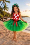 Lilo-inspired red and green tutu dress for girls with white leaf details, red satin bow, full green tulle skirt, and tropical flower headpiece.