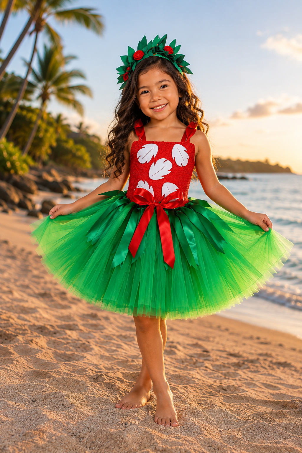 Lilo-inspired red and green tutu dress for girls with white leaf details, red satin bow, full green tulle skirt, and tropical flower headpiece.