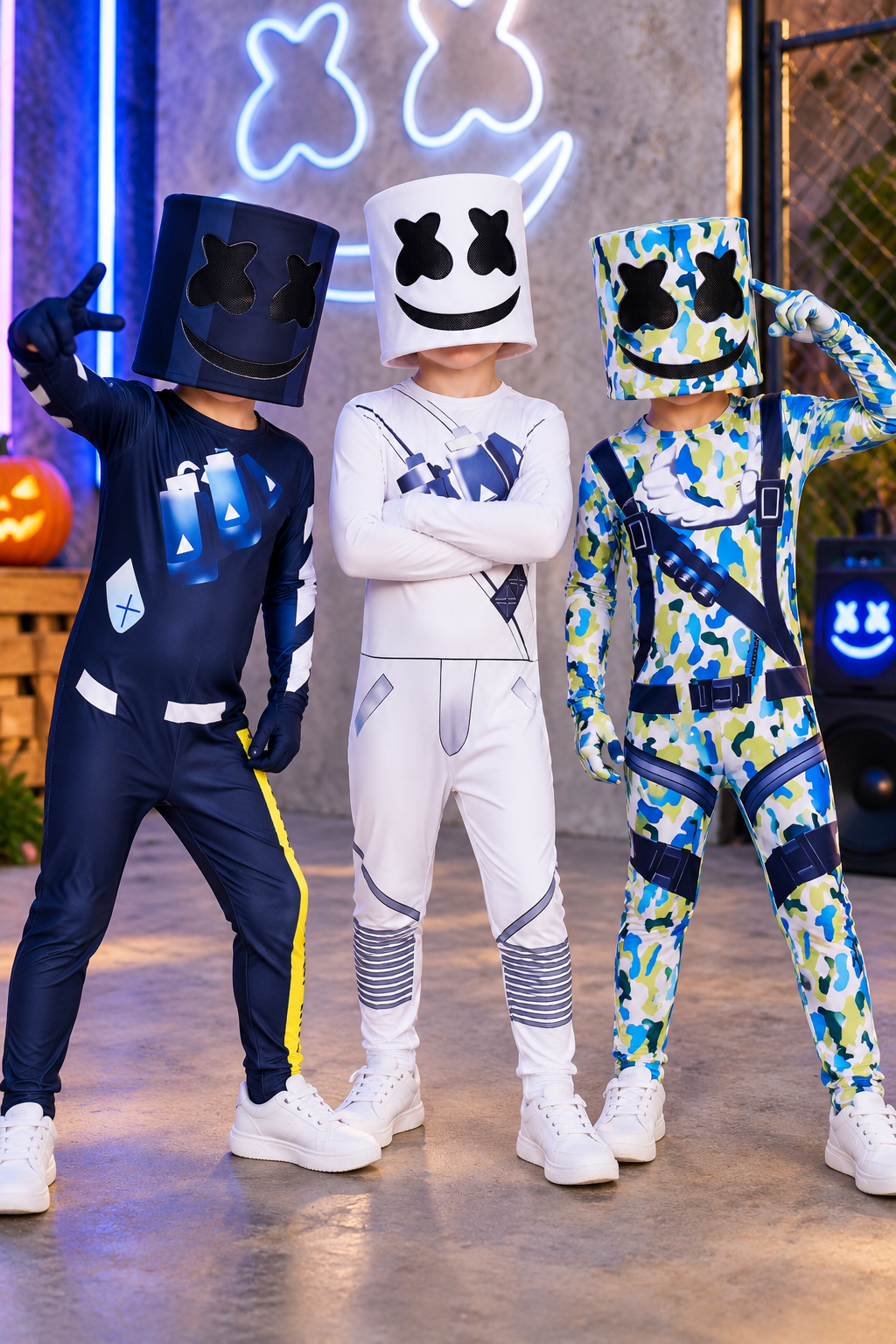 Marshmello DJ costume for boys with full body Halloween outfit and matching character helmet