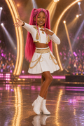 Mira Demon Hunters pop star costume and bright pink wig set for girls
