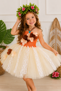 Moana-inspired orange and cream tutu dress for girls with floral applique details, lace tulle skirt, halter neckline, and tropical flower crown.
