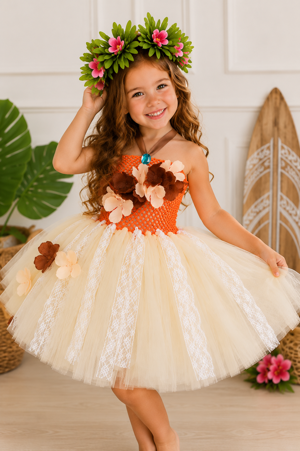 Moana-inspired orange and cream tutu dress for girls with floral applique details, lace tulle skirt, halter neckline, and tropical flower crown.