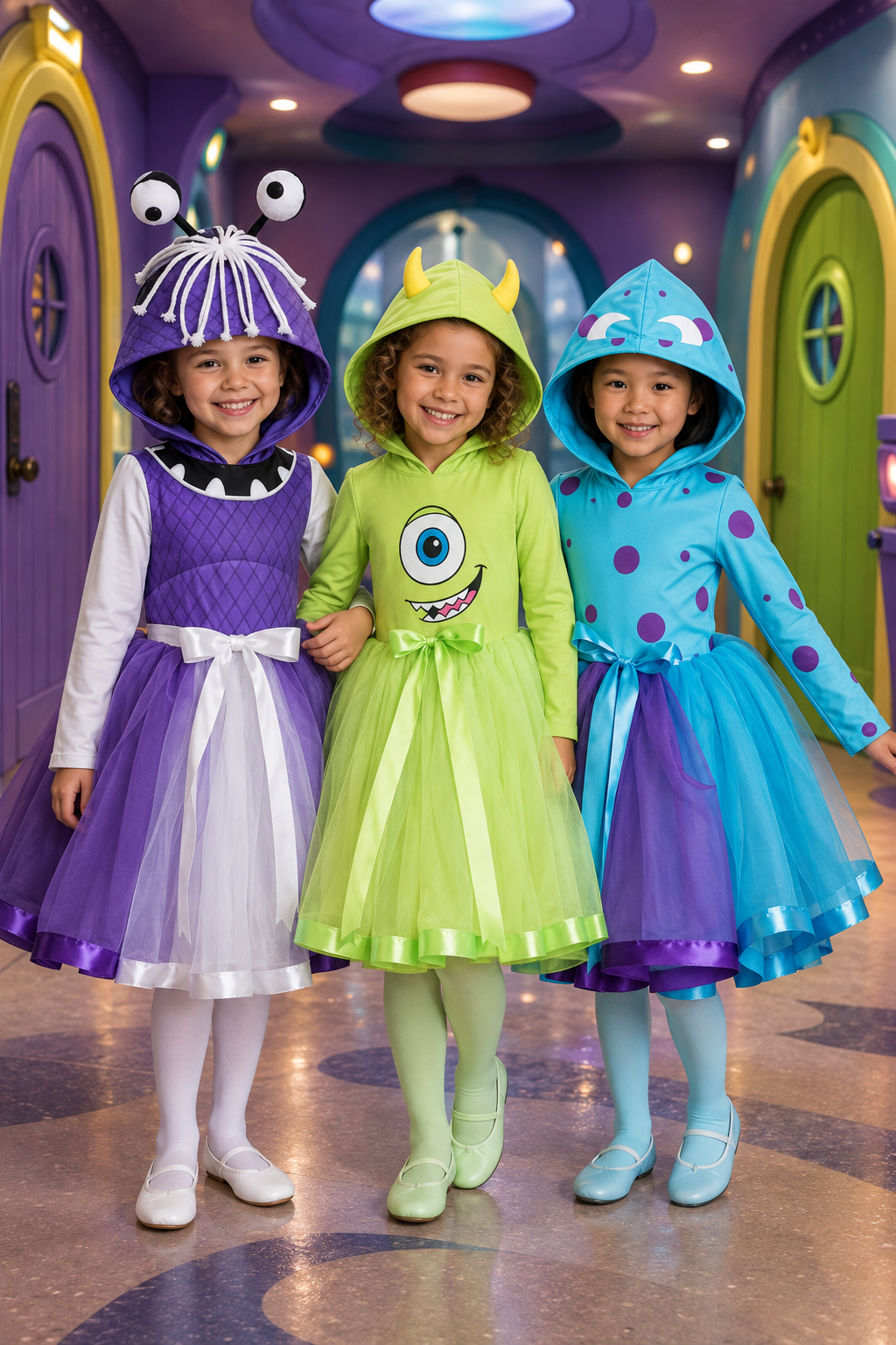 Monsters Inc costume dresses for girls in Boo Sulley and Mike styles