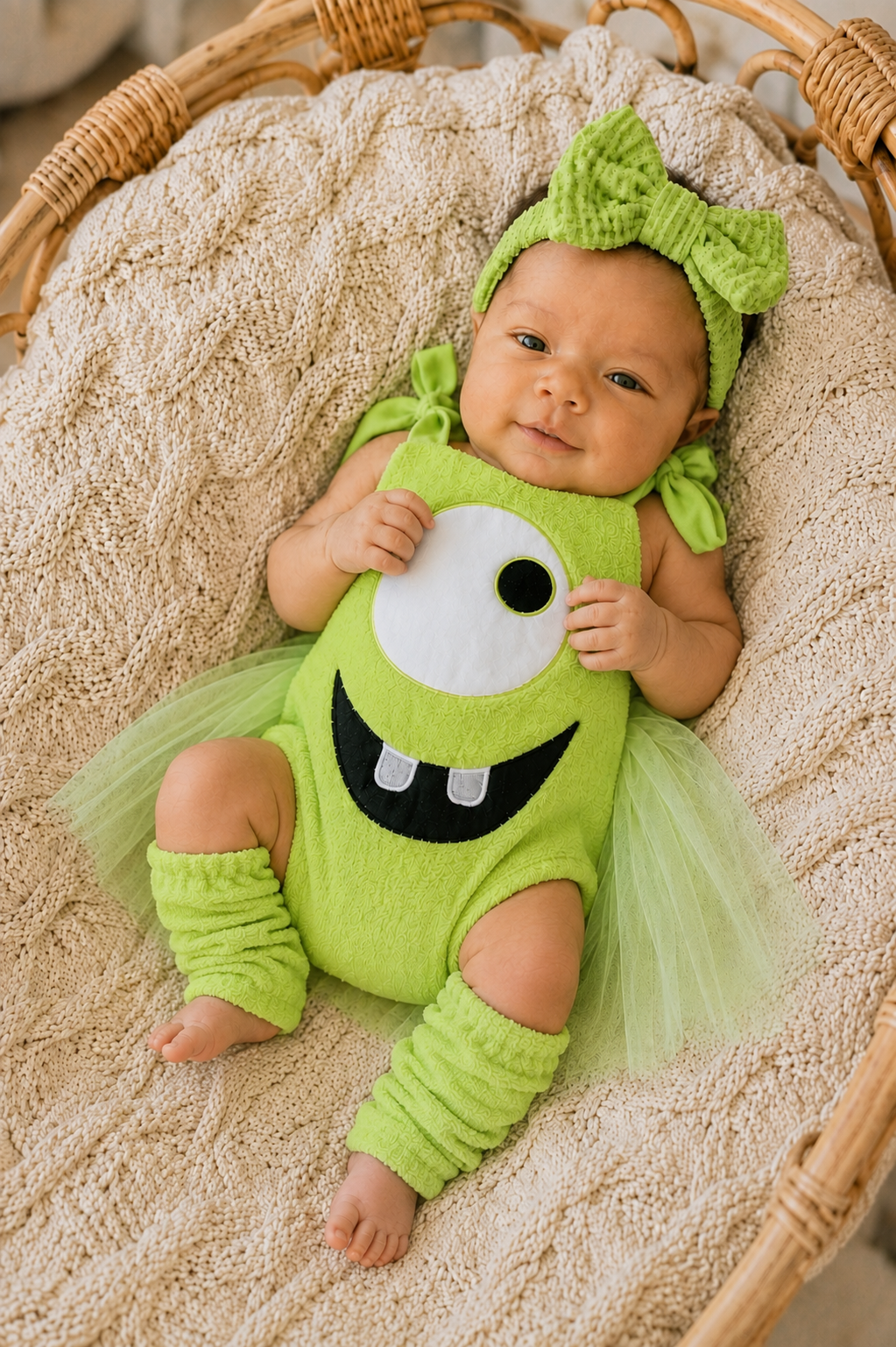 Monsters Inc Mike Wazowski newborn green romper costume set with tutu bow headband and leg warmers