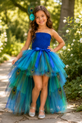 Girl wearing a royal blue peacock tutu dress with teal and emerald high-low tulle train, satin bow, peacock feather details, and matching feather hair clip.