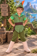 Peter Pan boys costume set with green tunic pants belt pouch pointed hat elf ears and brown shoe covers