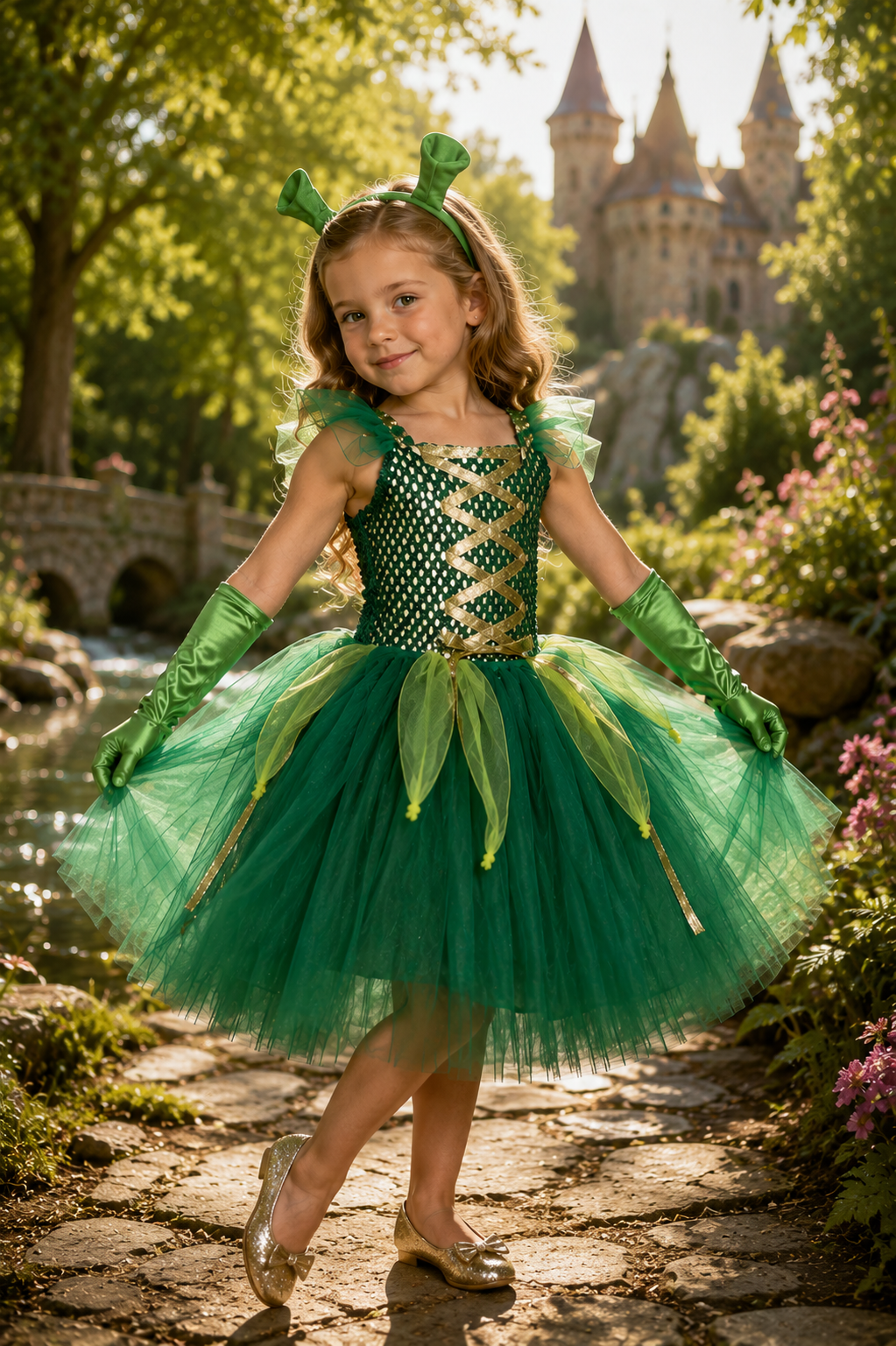 Princess Fiona costume for girls with green tutu dress ogre ears and gloves