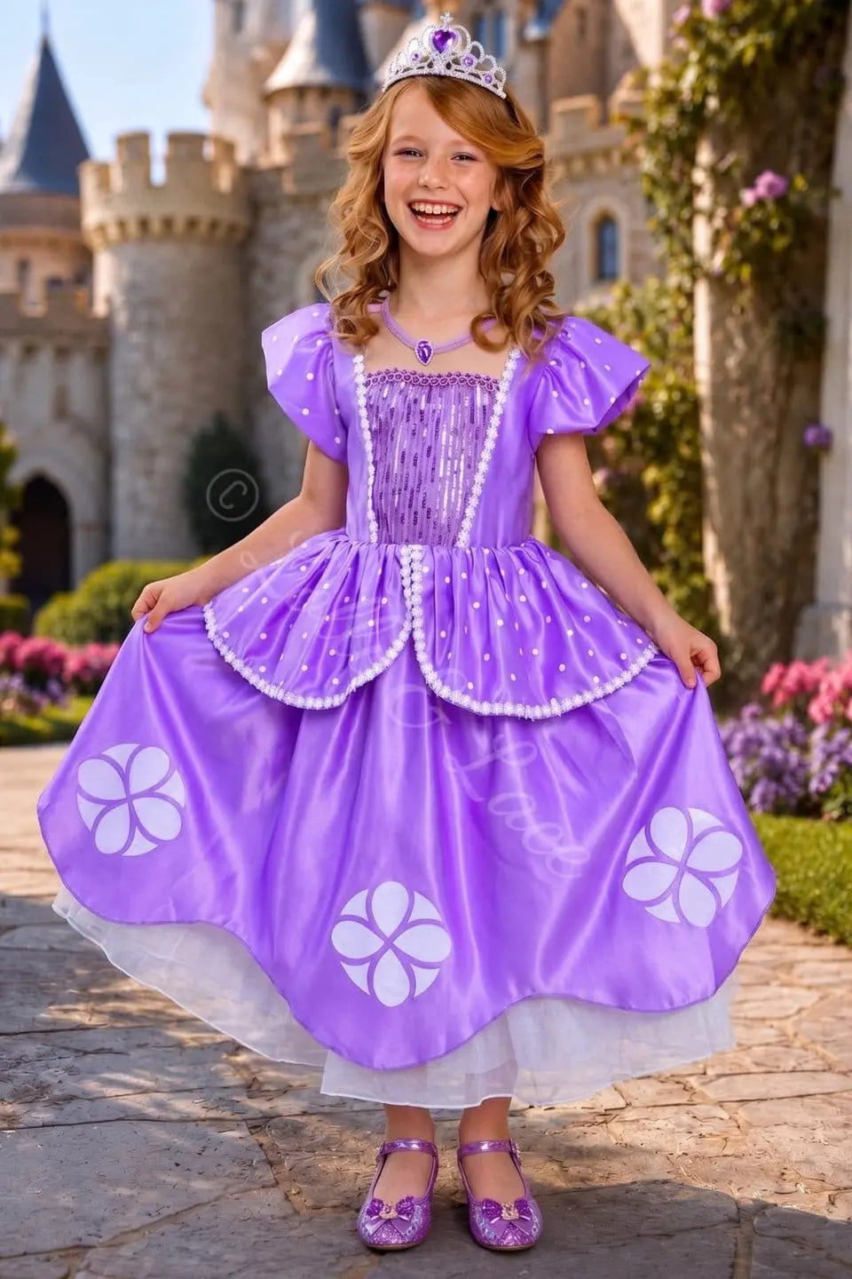 Princess Sofia inspired costume set for girls with lavender princess dress, tiara, wand, gloves, purse and royal accessories.