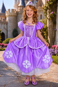 Princess Sofia inspired costume set for girls with lavender princess dress, tiara, wand, gloves, purse and royal accessories.