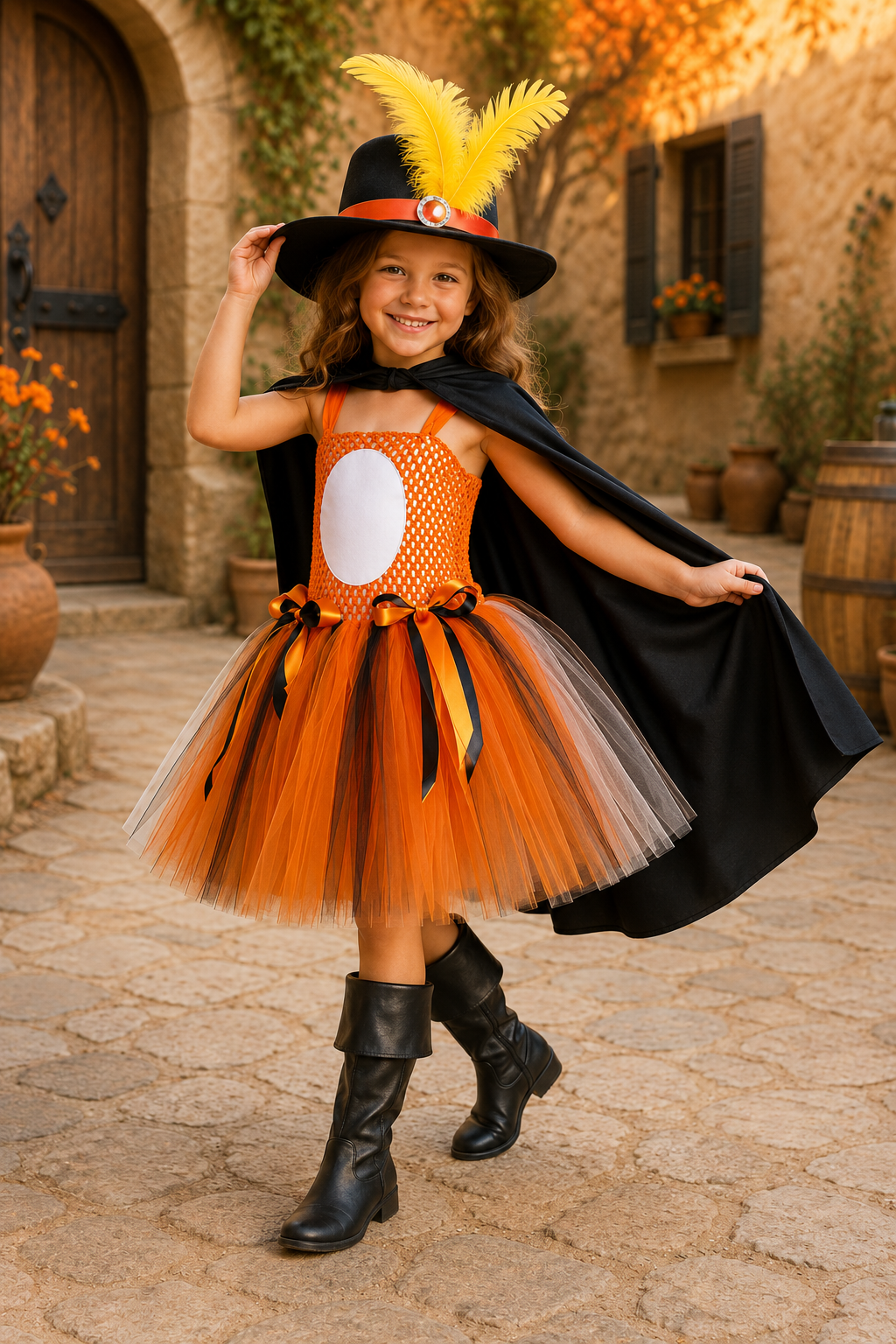 Puss in Boots costume for girls with orange tutu dress black cape and feathered hat