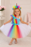 Girl wearing a rainbow pony tutu dress with turquoise bodice, white sparkly tulle skirt, rainbow sash, floral accents, and matching unicorn horn headband.