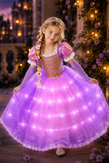 Rapunzel inspired LED light up purple princess dress with flower braid headband and matching arm sleeves for girls