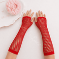 Ruby red rhinestone fishnet fingerless gloves for girls with sparkling crystal accents, perfect for holiday outfits, dance recitals, cosplay, Halloween costumes, and dress-up.