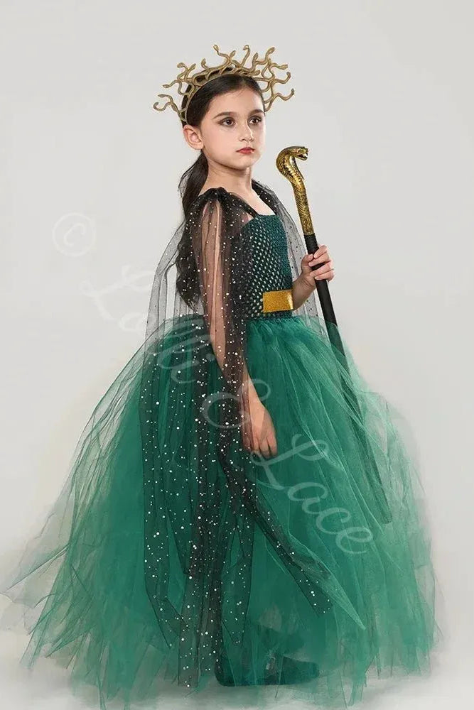 Mystic Medusa Goddess Costume Dress Set for Girls – Snake Crown, Cape & Staff