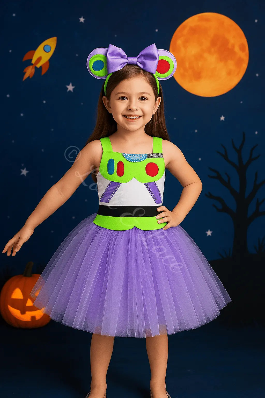Girl wearing Galaxy Ranger Twirl Dress with purple tutu skirt and matching space-themed headband for Halloween and dress-up play.