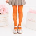 Bright orange rhinestone fishnet tights for girls with sparkling crystal accents, perfect for Halloween costumes, princess dresses, dance recitals, cosplay, and dress-up outfits.