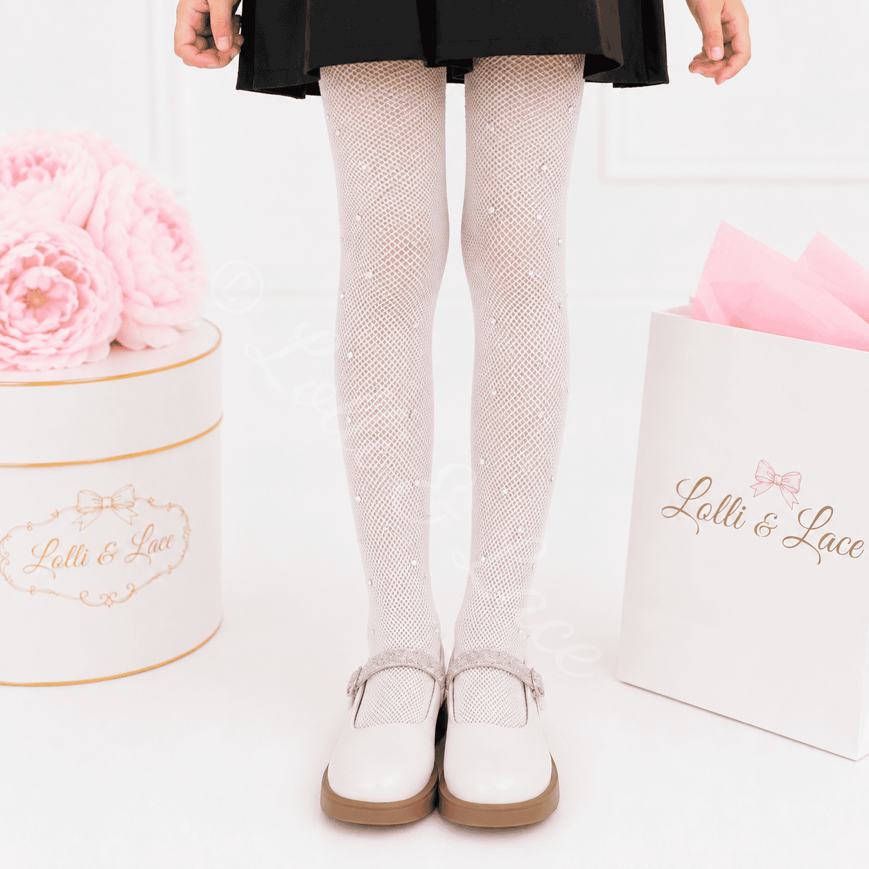 White rhinestone fishnet tights for girls with sparkling crystal accents, perfect for princess dresses, flower girl outfits, dance recitals, weddings, Halloween costumes, and dress-up.