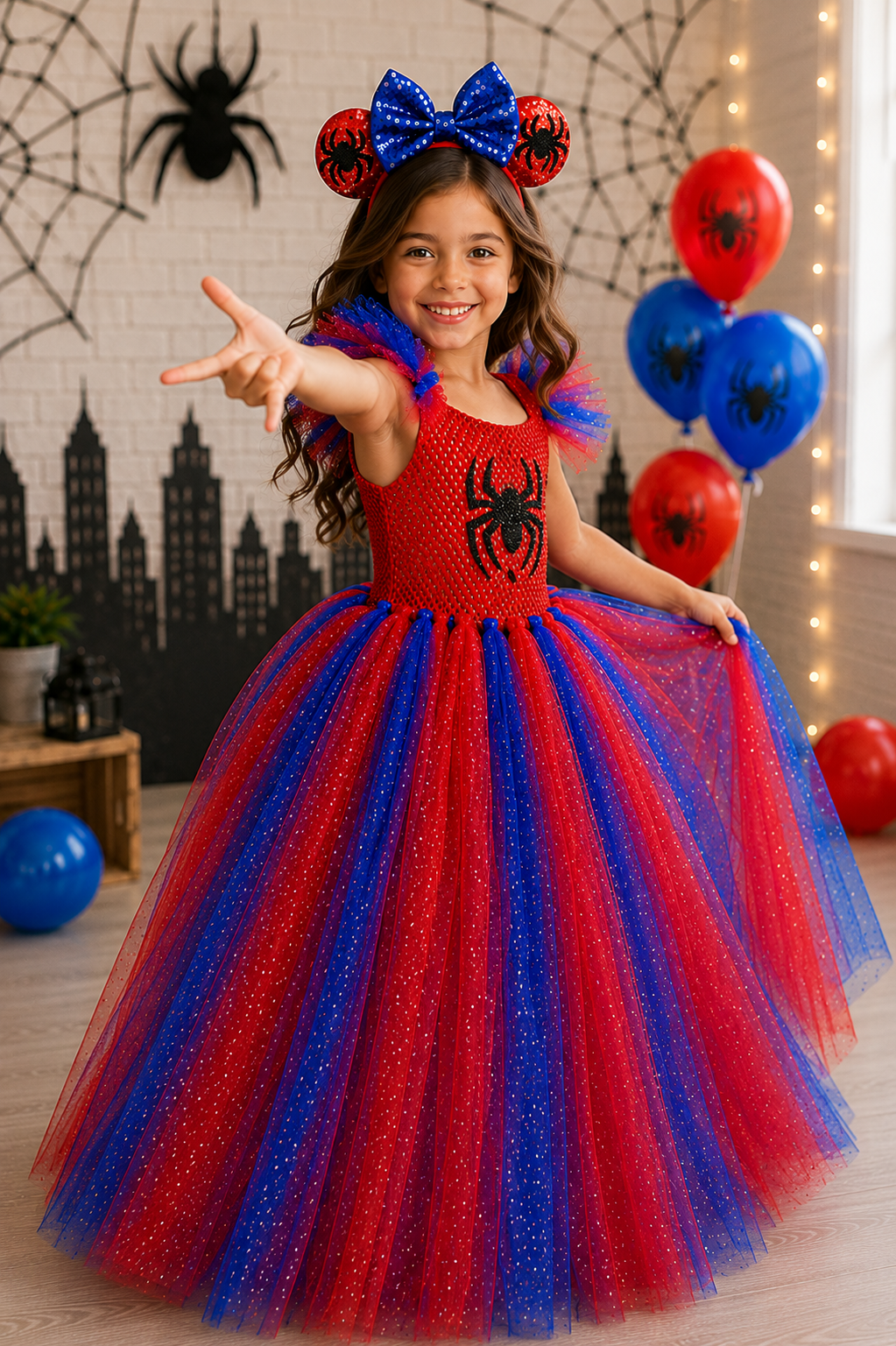 Girl wearing a red and blue Spider-Girl tutu dress with black spider detail, sparkly layered tulle skirt, and matching mouse ear headband with blue bow.