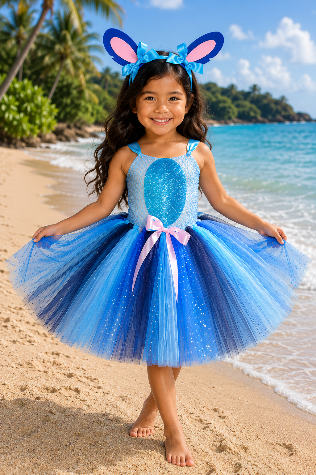 Stitch-inspired blue tutu dress for girls with sparkly bodice, layered blue and navy tulle skirt, pink bow, and oversized character ear headband.
