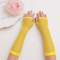 Sunshine yellow rhinestone fishnet fingerless gloves for girls with sparkling crystal accents, perfect for costumes, dance recitals, parties, cosplay, and boutique outfits.