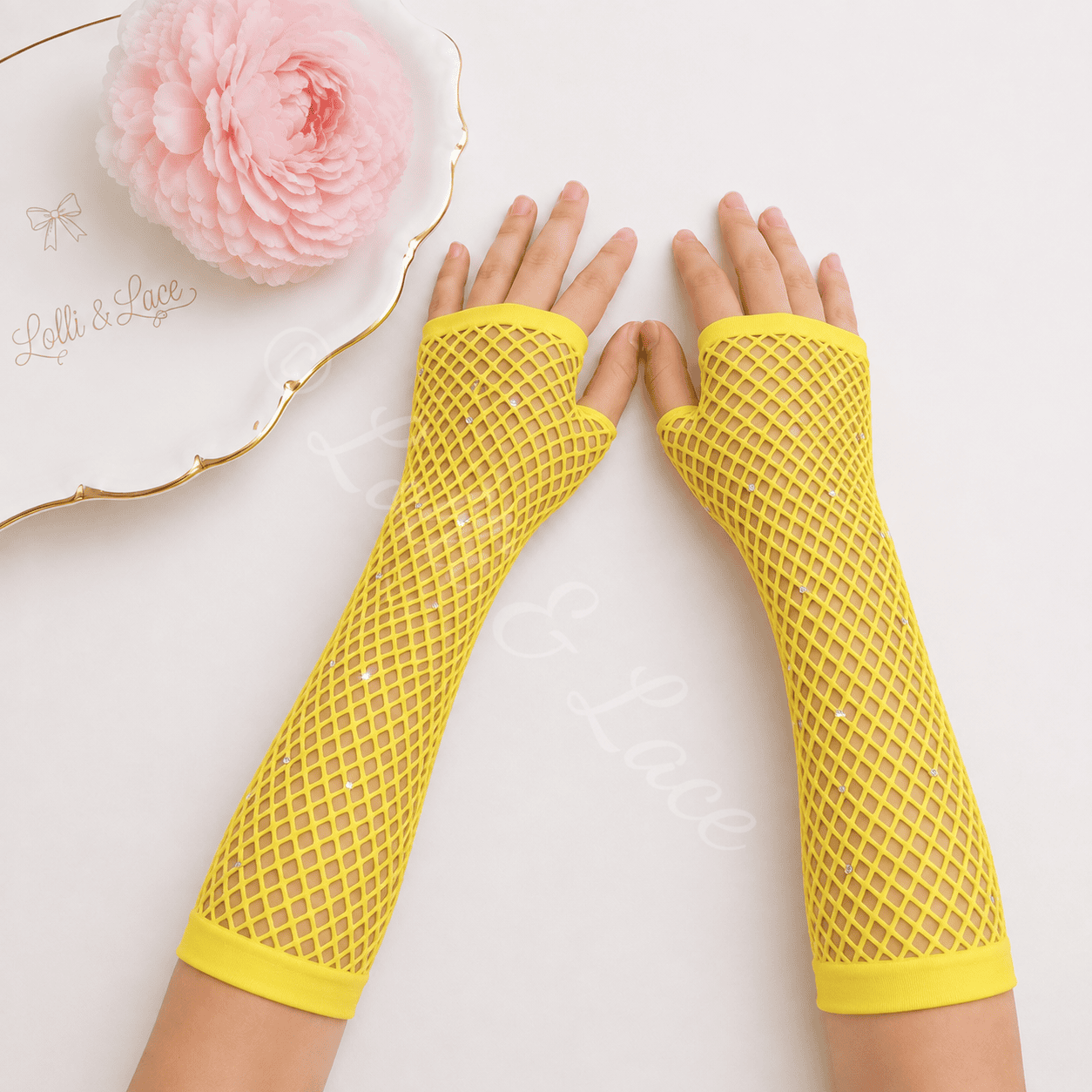 Sunshine yellow rhinestone fishnet fingerless gloves for girls with sparkling crystal accents, perfect for costumes, dance recitals, parties, cosplay, and boutique outfits.