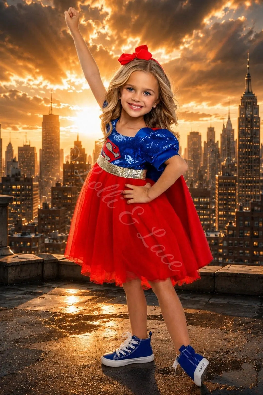 Girl wearing a Supergirl inspired blue and red superhero princess dress with gold waistband and detachable red cape.