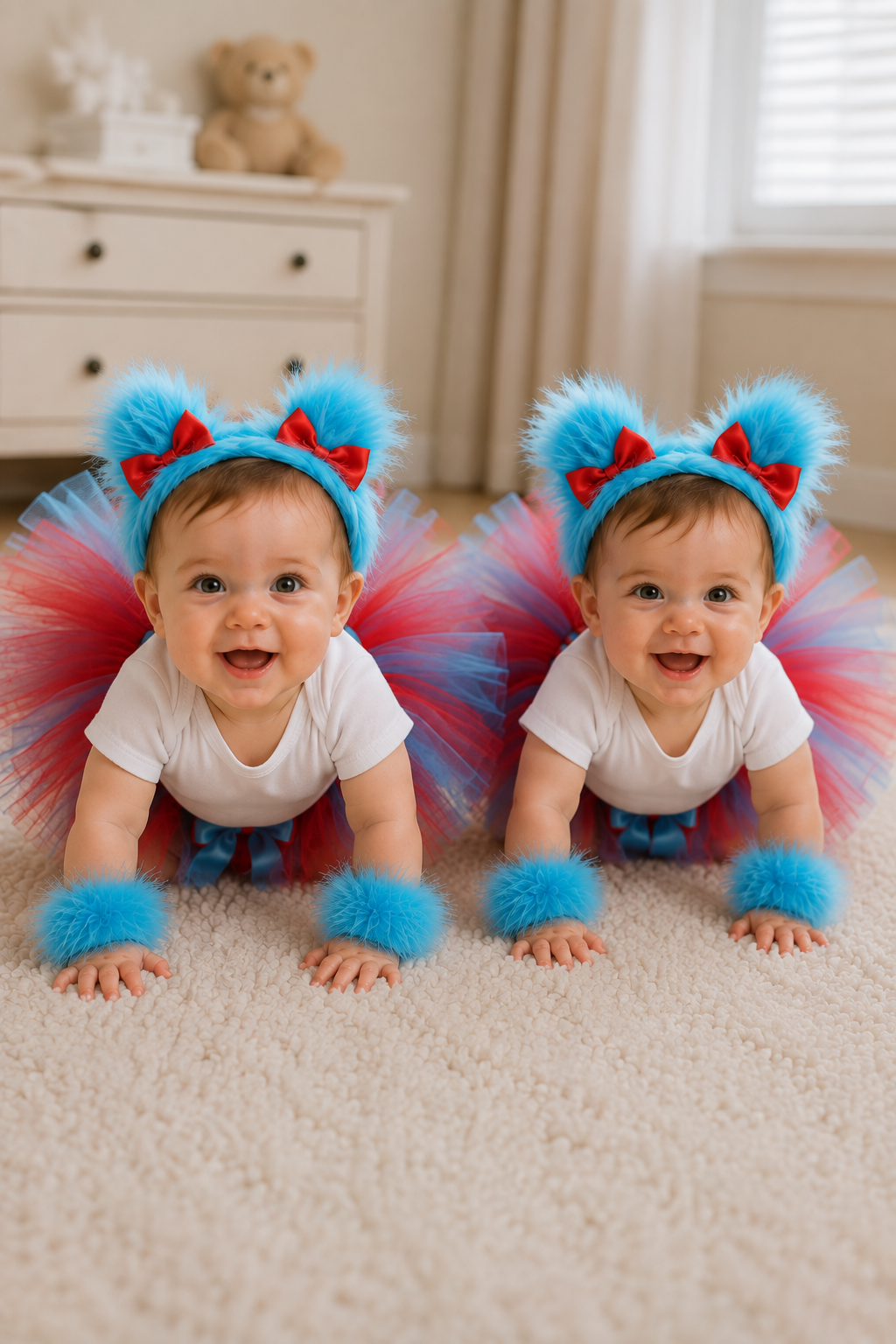 Thing 1 and Thing 2 inspired red and blue tutu costume set with furry blue headband and matching wrist cuffs for babies and girls.