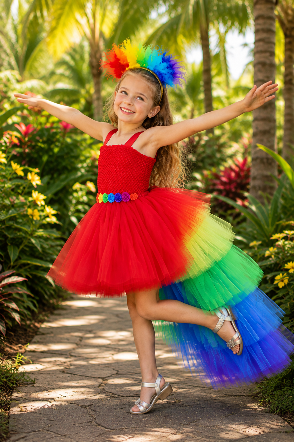 Girl wearing a red tropical macaw tutu dress with a dramatic rainbow high-low tulle train and matching colorful feather headband.