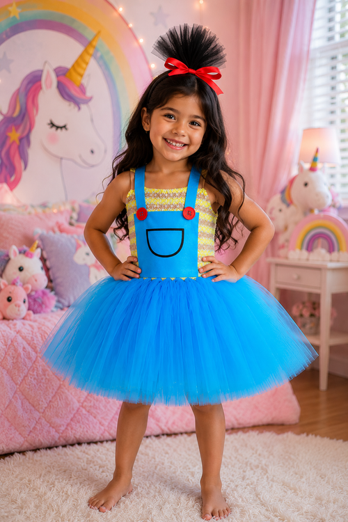 A young girl stands barefoot in a pink unicorn-themed bedroom, wearing a bright blue tutu dress with a yellow patterned bodice and blue overalls-style straps with red buttons.