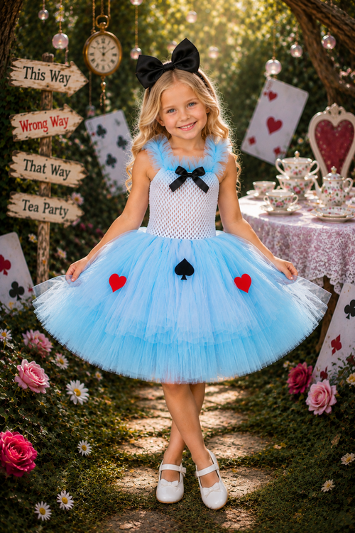A young girl stands in a garden-themed setting wearing a light blue and white Alice in Wonderland-inspired tutu dress with black bows and red heart accents. The background features playing card signs, a clock, flowers, and a tea party setup.