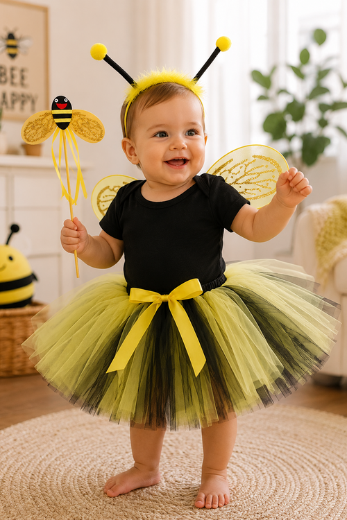 A toddler stands barefoot indoors wearing a black and yellow bumble costume with a black top, yellow-and-black tutu skirt, antennae headband, and translucent wings. The child holds a yellow and black toy bee wand in a bright nursery or playroom setting.