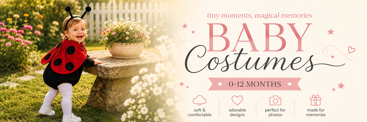 Promotional banner for baby costumes, featuring a young child wearing a red and black ladybug costume in a sunny garden, alongside large text reading 'BABY Costumes' and smaller text '0-12 MONTHS' with feature icons on a cream background.