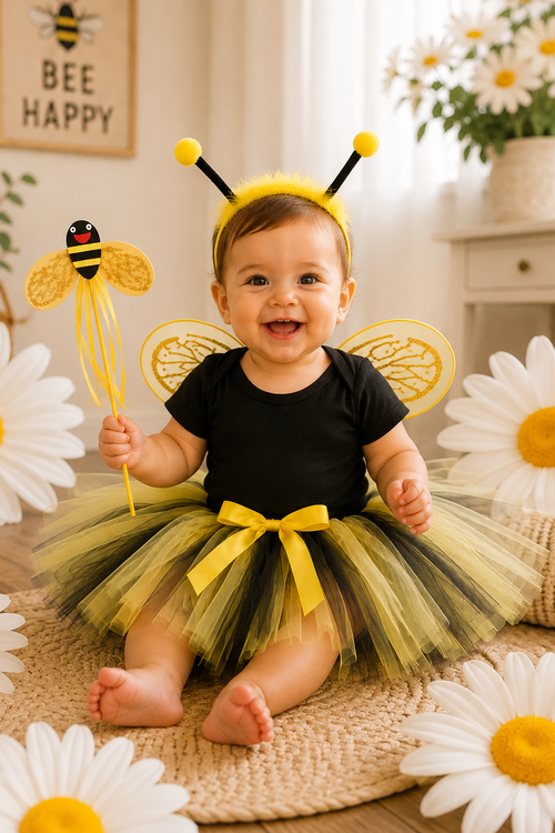 A baby wearing a bee-themed costume sits on a woven rug surrounded by large daisy decorations. The costume includes a black top, a yellow and black tutu skirt with a yellow bow, and a yellow headband with antennae.