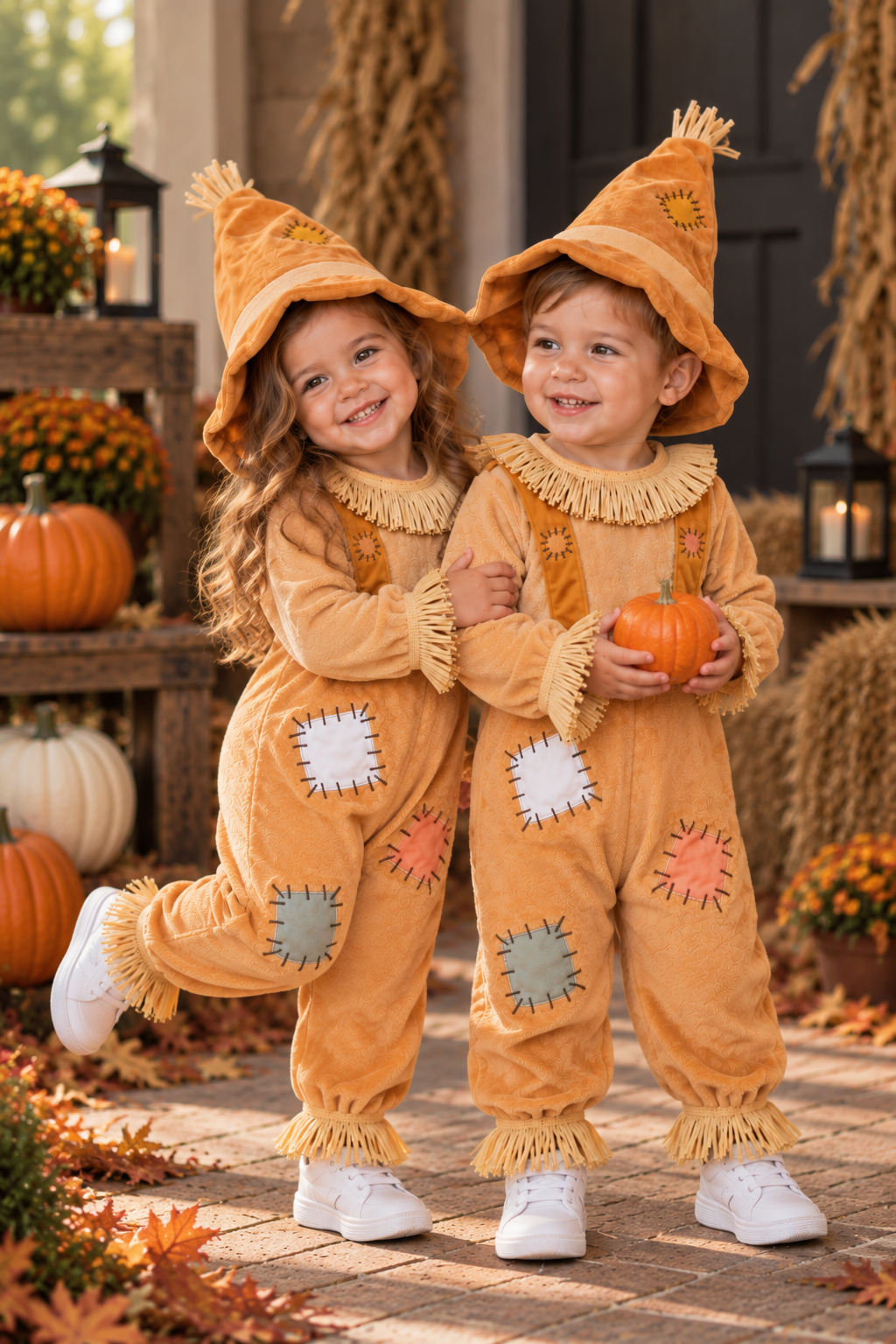 Baby and toddler scarecrow costume with patchwork details fringe trim and matching pointed hat