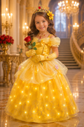 Belle LED light-up princess dress costume set with tiara wand gloves wig jewelry and rose