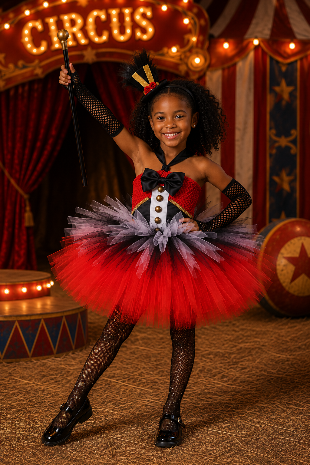 Girls ringmaster tutu costume with red black and white layered tulle dress and mini top hat headband