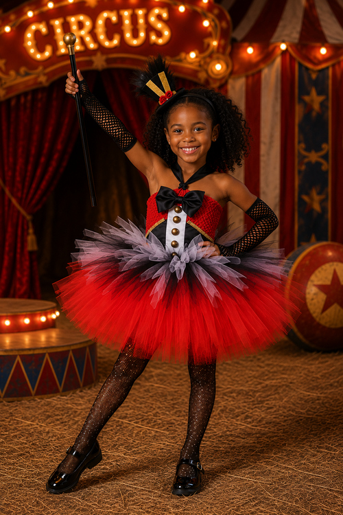 Girls ringmaster tutu costume with red black and white layered tulle dress and mini top hat headband