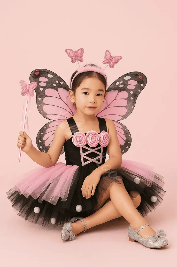 Blushing Butterfly Dreams Tutu Dress & Accessory Set for girls featuring pink and black butterfly wings, floral bodice, matching butterfly headband, wand, and layered tutu skirt