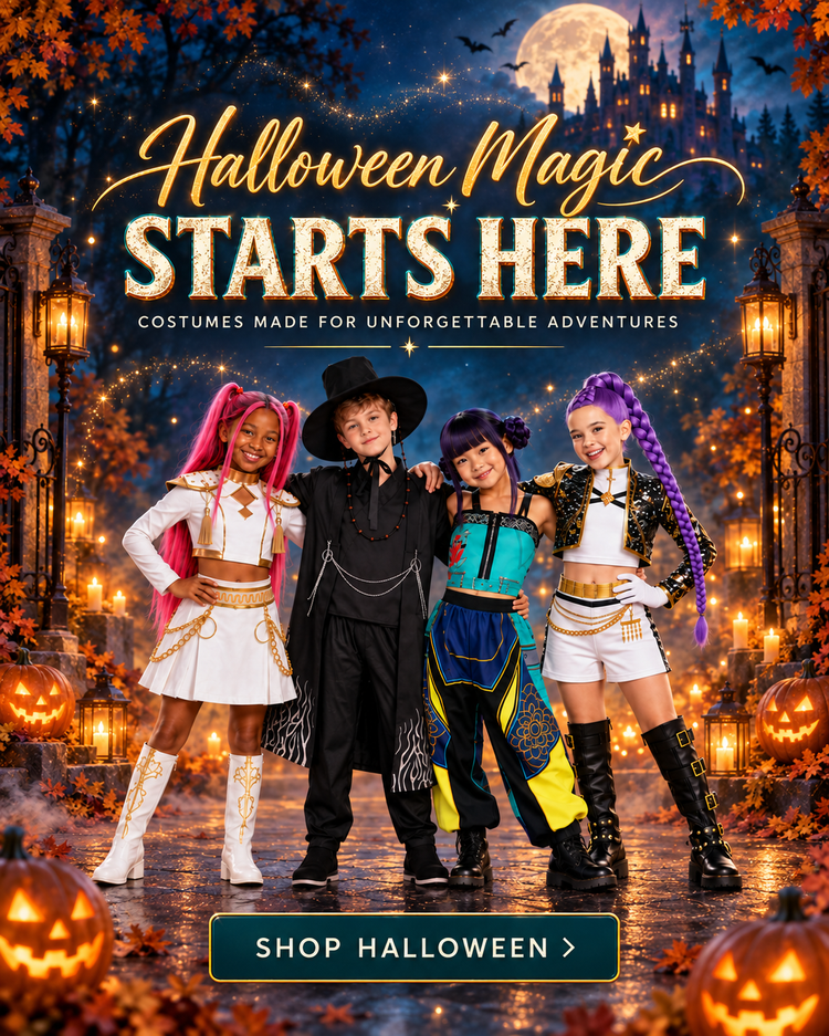 A promotional Halloween advertisement showing four children in colorful costumes standing in a spooky moonlit street scene with pumpkins, lanterns, and a castle in the background. Large text reads 'Halloween Magic STARTS HERE' and a button says 'SHOP HALLOWEEN >'.