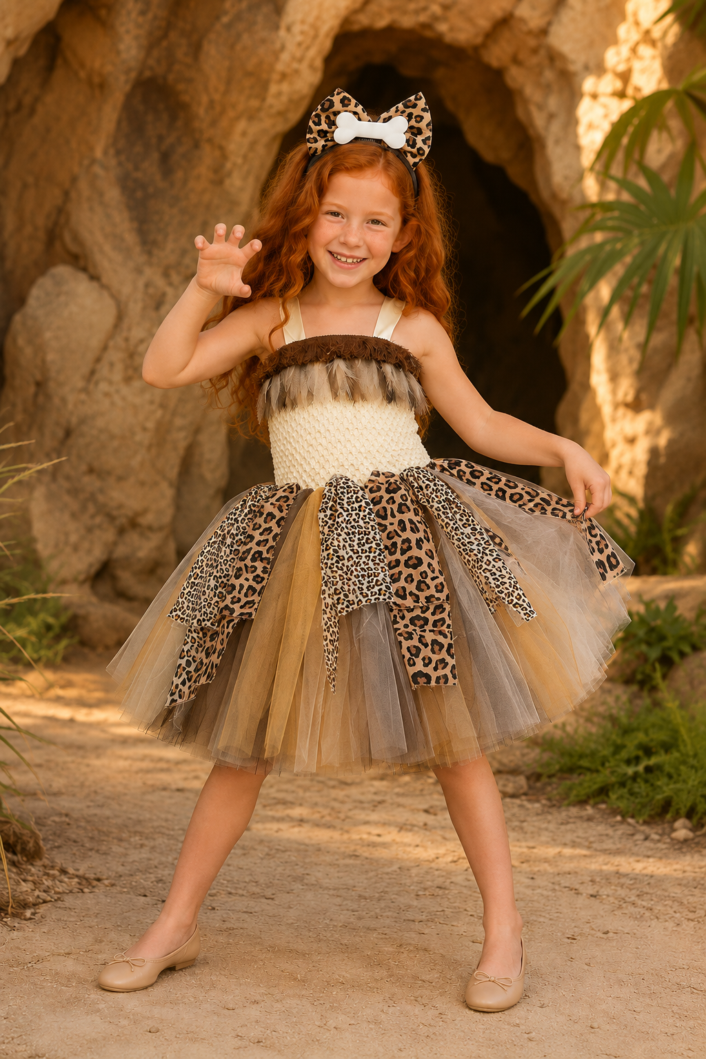 Caveman costume for girls with leopard tutu dress and bone bow headband