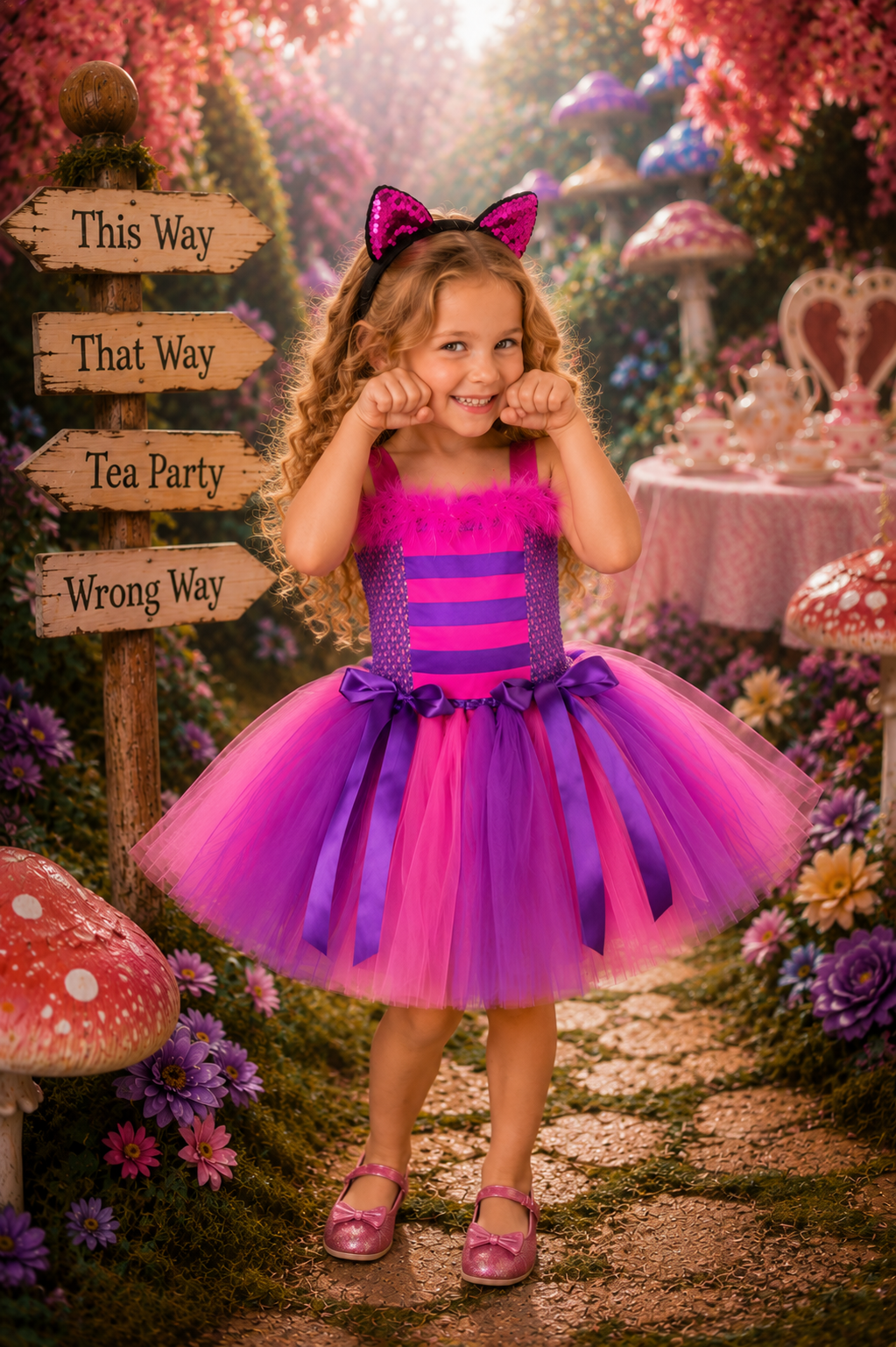 A young girl stands in a whimsical, fairy-tale garden setting wearing a pink and purple tutu dress with a matching headband. The scene includes mushroom props, directional wooden signs reading 'This Way', 'That Way', 'Tea Party', and 'Wrong Way', and a tea-time table in the background.