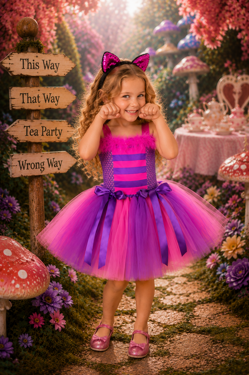 A young girl stands in a whimsical, fairy-tale garden setting wearing a pink and purple tutu dress with a matching headband. The scene includes mushroom props, directional wooden signs reading 'This Way', 'That Way', 'Tea Party', and 'Wrong Way', and a tea-time table in the background.