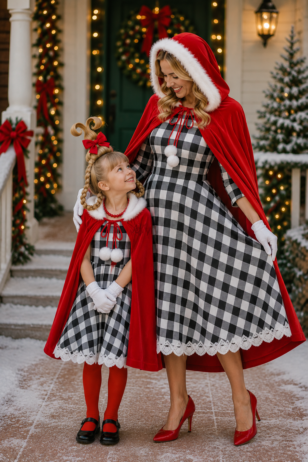 Cindy Lou inspired Mommy and Me Christmas costume with matching checkered dresses and red hooded capes