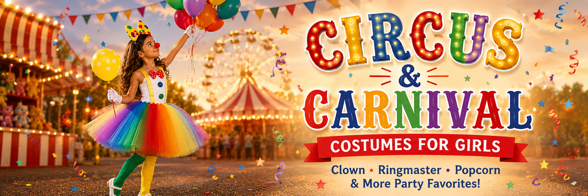 A colorful promotional banner for a girls' circus and carnival costume set. On the left, a young girl in a rainbow tutu and green leggings holds balloons in front of a blurred carnival fairground with a Ferris wheel.
