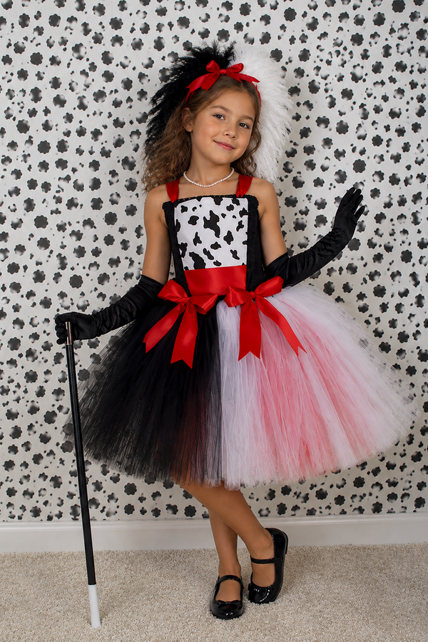 A young girl modeling a black and white cow-print costume dress with a red waist sash and bow, black gloves, a black feathered headband with white feathers, and a black-and-white split tutu skirt. She holds a cane and stands against a black and white patterned wall.
