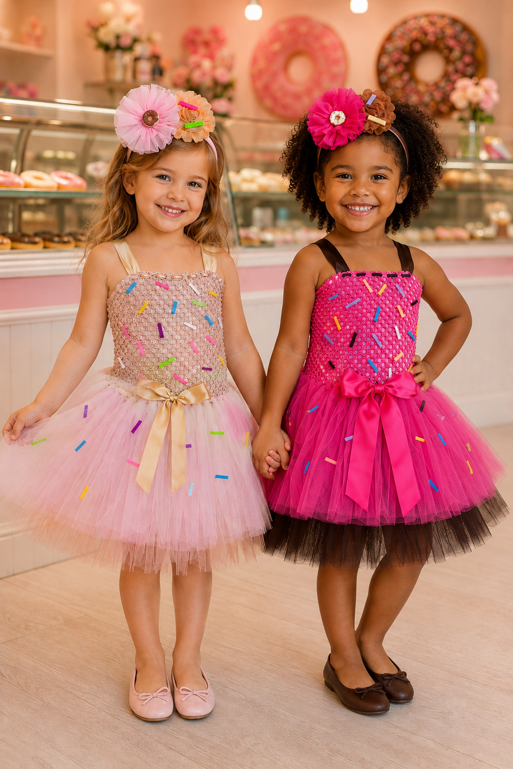 Two young girls wearing colorful tutu dresses with sprinkle details, standing in a donut shop and holding hands. One dress is light pink with a gold glittery bodice, and the other is bright pink with a black bodice.